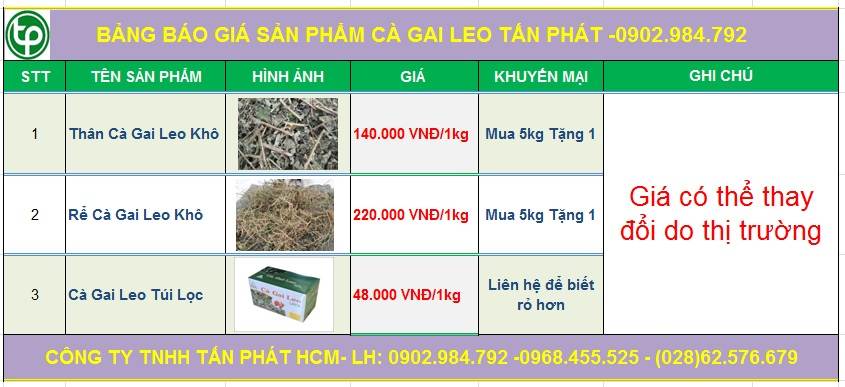 Bảng giá sp cà gai leo của CTY Tấn Phát phân phối ở  Việt Trì